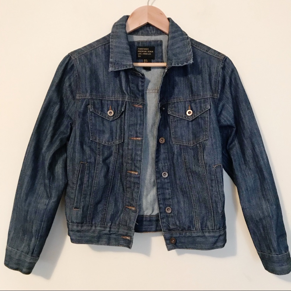 Forever 21 Premium textured denim trucker dark wash jean jacket classic S